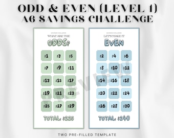 May include: Two printable A6 savings challenge charts. The left chart is titled "What are the Odds?" and features a grid of odd numbers from 1 to 29. The right chart is titled "Let's Make it Even" and features a grid of even numbers from 2 to 30. Both charts have a total amount at the bottom.