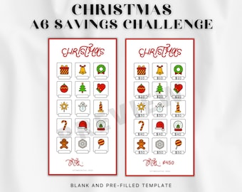 May include: Printable Christmas savings challenge template in A6 size. The template includes a blank version and a pre-filled version with a total of $450. The template features a variety of Christmas icons, including a gift box, a bell, a wreath, an ornament, a Christmas tree, a heart, a star, a snowman, a candle, a candy cane, a Santa hat, a snow globe, a gingerbread man, a snowflake, and a candy cane.