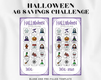 May include: A printable Halloween savings challenge with a pre-filled template. The challenge has 12 boxes with Halloween-themed icons and a space to write in a dollar amount. The total savings is $150.