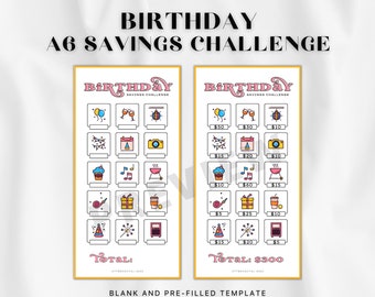 May include: Two A6 birthday savings challenge templates, one blank and one pre-filled with dollar amounts. Each features a grid of icons including balloons, party hats, cameras, and gifts, with the text BIRTHDAY SAVINGS CHALLENGE and TOTAL.