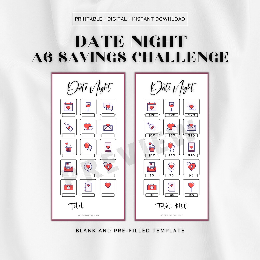 Date Night Savings Challenge Printable Digital Tracker Letter Size PDF