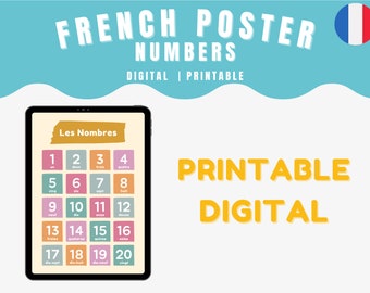 May include: A digital printable poster featuring French numbers 1-20. The poster has a yellow background with a blue and white French flag in the top right corner. The numbers are displayed in a grid with the French word for each number written below. The words "Printable Digital" are written in yellow at the bottom of the poster.