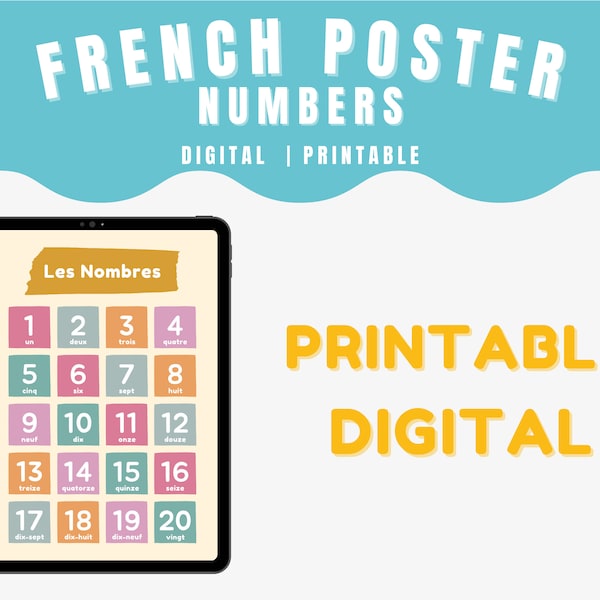 Bilingual French Numbers 20 Poster | Student Study Printable | Les Nombres en Francais | French Numbers Download | Count to Twenty