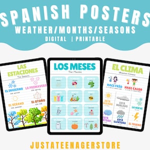 Spanish Weather/Seasons Digital Poster | Beginner Vocabulary Spanish Classroom Posters | Los Meses en Espanol | Student Study Printables