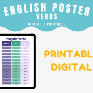 English Verb Tenses, Irregular Verbs, English Grammar Poster, Classroom Poster, Past Simple Table,  Printable English Table
