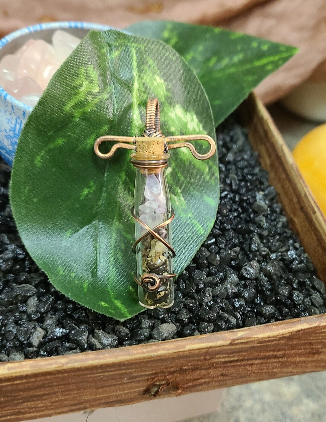 Wire Wrapped Sword Bottle Necklace, Healing Stone Chip Necklace