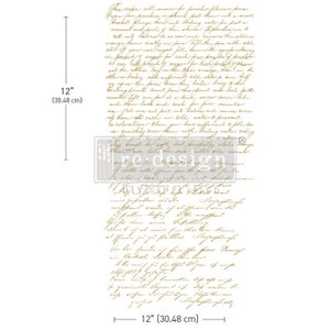 May include: A vintage-style transfer with a script design. The transfer is 30.48 cm tall and features handwritten text in a faded gold colour. The design includes the words "re design" and "DIY SIMPLY REDESIGNED".