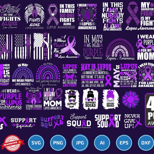 Lupus Awareness Svg Png Huge Bundle, Lupus Warrior Svg, Purple Ribbon SVG, In May We Wear Purple Svg, Nobody Fights Alone svg, Messy Ribbon