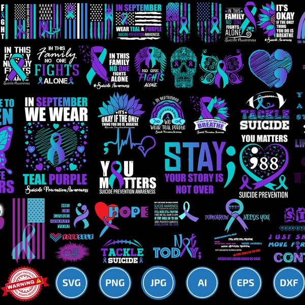 45+ Suicide SVG png Bundle, Suicidal Prevention Awareness svg, Ribbon Suicide Depression Png, You Matter svg, Wear Teal Purple Ribbon svg