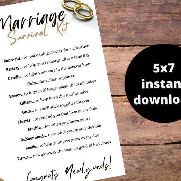 Marriage Survival Kit; Congratulations; Wedding or Anniversary Present; Personalized care package; Unique gift, Digital; Printable