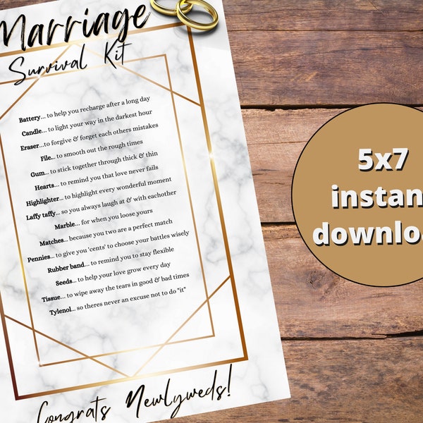 Marriage Survival Kit; Congratulations; Wedding or Anniversary Present; Personalized care package; Unique gift, Digital; Printable