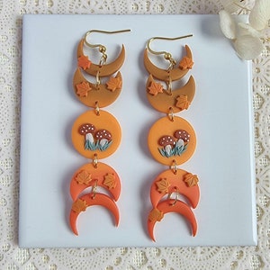Mushroom Earring Fall Dangle Statement Earring Moon Phase Clay Jewellery Cottagecore Handmade Boho Earring Gift for Moon Lovers