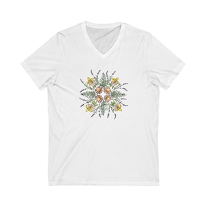 Flowers I Mandala - Fern, Lavender, Lotus and Orchid -  One Of My Things - Unisex Jersey Short Sleeve V-Neck Tee