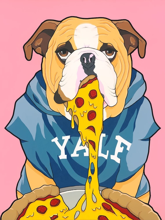 French bulldog top eating pizza