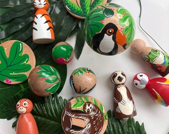 rainforest/jungle peg doll collection/toucan/sloth/butterfly/orangutan/tiger/tree frog