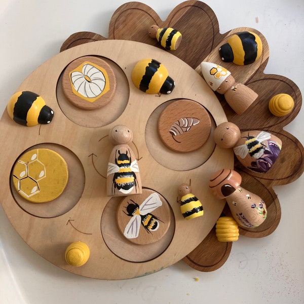 Hand painted bee peg dolls, early years resources/bee keeper/realistic bee/ lifecycle/hive