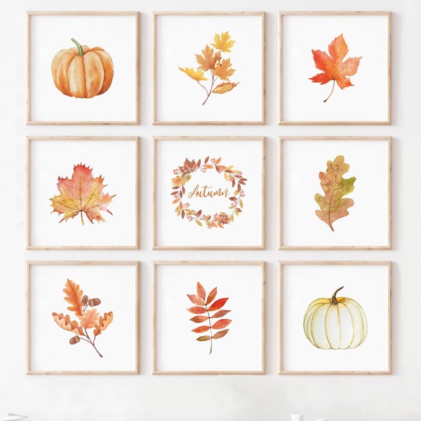 Autumn Fall Watercolor Leaves Pumpkins & Wreath Set of 9 Square Prints | Fall Decor Digital Download | Printable Wall Art 8x8 10x10 12x12