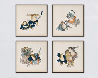 Vintage Kuniyoshi Frogs Print Set of 4: Japanese Art Square Digital Download, 8x8 10x10 12x12 inch