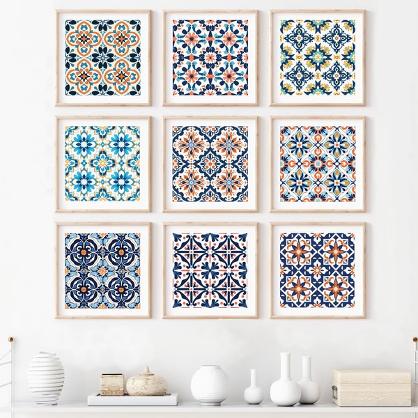 Moroccan Inspired Mosaic Pattern Tile Art Posters Set of 9, Printable Wall Art | Instant Digital Download Wall Art