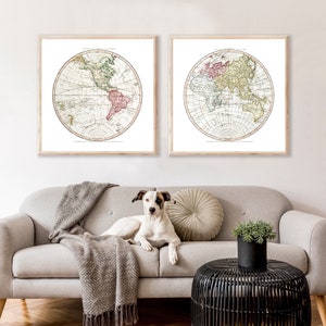 Mapa del mundo vintage (2 pósteres impresos) / Ilustración de mapas antiguos imprimible para pared / Descarga de arte digital / Arte cuadrado de 8x8, 10x10 y 12x12