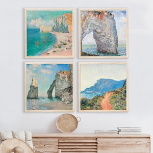 Claude Monet Beach Cliffs Set of 4 Poster Prints Wall Art, Impressionist Nature | Printable Digital Art Download | 8x8 10x10 12x12 Square
