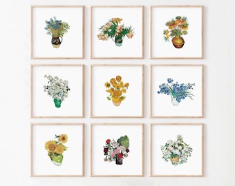 Van Gogh Flowers Print Set of 9: Minimalist Square Art Digital Download, 8x8 10x10 12x12 inch