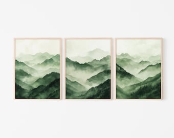 Sage Green Mountain Art Print Set of 3: Abstract Watercolor Landscape Digital Download