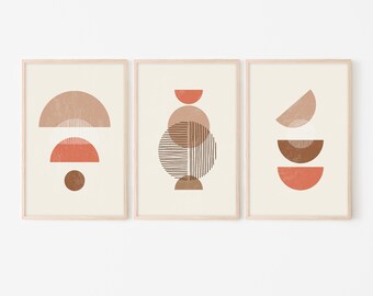 Abstract Set of 3 Prints, Boho Beige Neutral Mid Century Inspired Printable Wall Art | Instant Digital Download | 3 Piece Living Room Decor