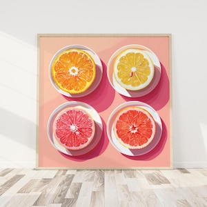Colorful Citrus Breakfast Printable Wall Art | Trendy Kitchen Grapefruit Orange Food Digital Art Download | 8x8 10x10 12x12 Square Print
