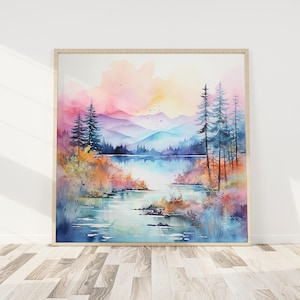 Abstract Watercolor Nature Landscape Mountains Trees Square Printable Wall Art | Digital Download | 8x8 10x10 12x12 20x20 Square Print