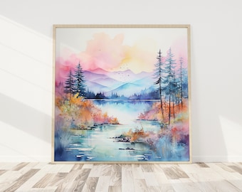 Abstract Watercolor Nature Landscape Mountains Trees Square Printable Wall Art | Digital Download | 8x8 10x10 12x12 20x20 Square Print