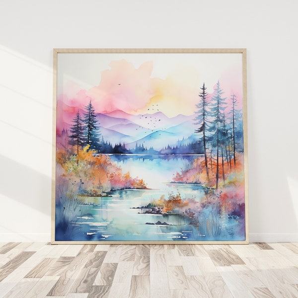 Abstract Watercolor Nature Landscape Mountains Trees Square Printable Wall Art | Digital Download | 8x8 10x10 12x12 20x20 Square Print