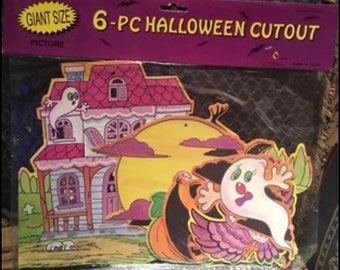 May include: A set of six Halloween cutouts, including a haunted house, a ghost, a pumpkin, and a moon. The cutouts are printed on cardboard and are designed to be used as decorations. The packaging says "Giant Size Picture" and "6-PC HALLOWEEN CUTOUT".