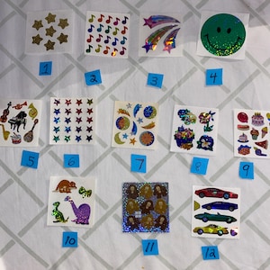Stickers vintage SandyLion, prismatique scintillant, Dino's Monkey, note de musique, étoiles, étoiles lune, collection d'albums d'autocollants pour enfants des années 80, 90