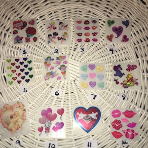 Autocollants SandyLion Saint Valentin amour vintage rétro années 80, 90 ans Y2K coeurs scintillants prismatiques Cupidon rose rouge Je t'aime fleur chocolat
