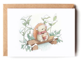 Postal de erizo A5, Tarjeta de cumpleaños, Tarjeta de nacimiento, Tarjeta de bautismo, Papelería, Idea de regalo, Invierno