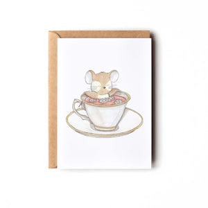 Carte postale Souris et tasse de thé, Carte d'anniversaire, Carte de naissance, Carte de baptême, Papeterie, Idée cadeau