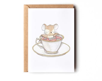 Postcard Mouse and cup of tea, Birthday card, Birth card, Baptism card, Stationery, Gift idea