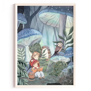 Illustrazione Foresta incantata, gufo, lettura, Poster e cartolina, Cancelleria, Idea regalo, Decorazione murale per la cameretta dei bambini, Formati A5