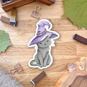 Adesivo gatto strega, illustrazione acquerello, adesivo in vinile, adesivo impermeabile, bullet journal