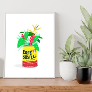Caffè Bustelo, lattine di caffè, arte della cultura del caffè, stampe artistiche da parete per cucina, arte della cultura latina, pop art spagnola/latina, arte dell'espresso