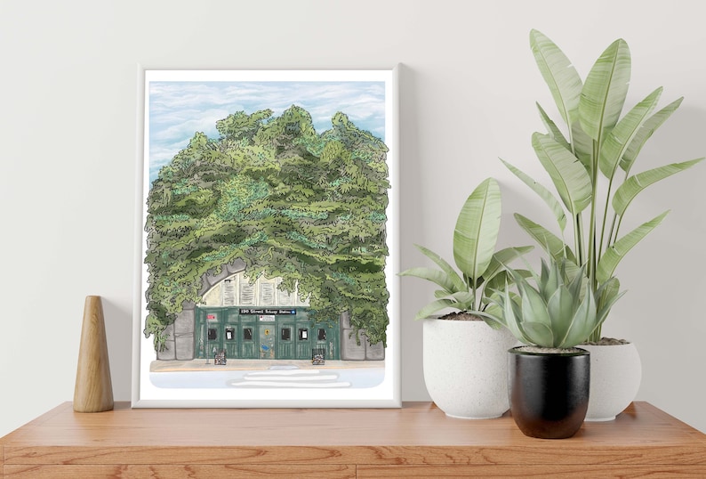 May include: A watercolor illustration of a green building with a sign that reads "125th Street Subway Station". The building is covered in lush green foliage.