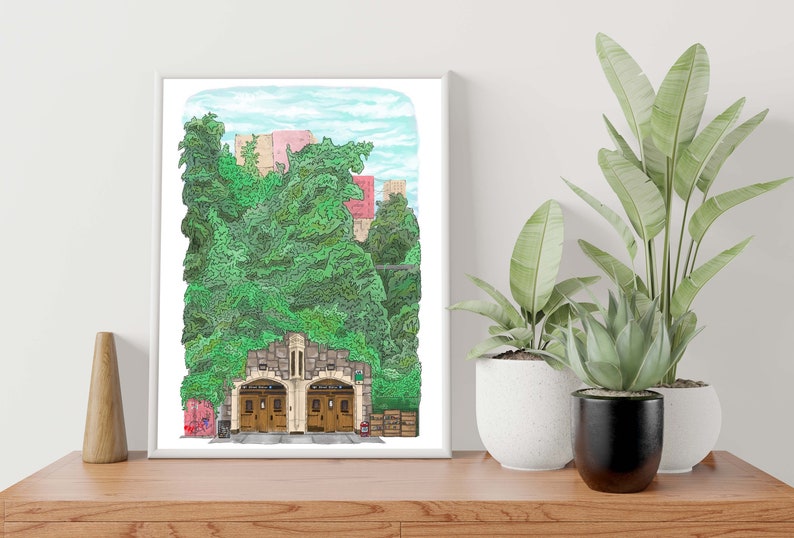 May include: A hand-drawn illustration of a stone building with two wooden doors. The building is surrounded by lush green trees and bushes. The building is set against a backdrop of a blue sky with white clouds.