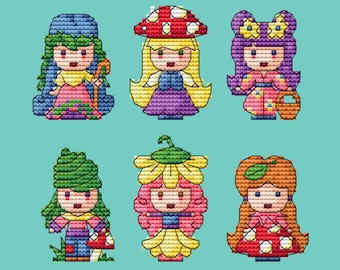 Cross stitch pattern, nature sprites two, cute chibi girls cross stitch pattern, Japanese style kawaii, downloadable PDF chart