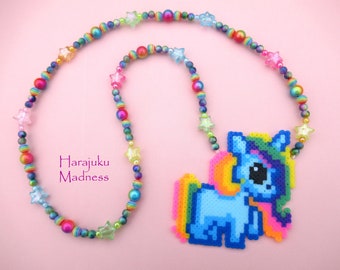 Kawaii unicorn perler necklace with rainbow plastic and kandi beads, colorful kidcore plastic necklace, one of a kind