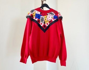 Vintage Red Raglan Sweatshirt with Deck of Cards Handkerchief Detail Size L