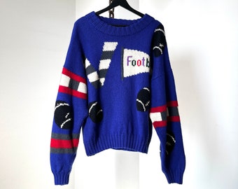 Eighties Football Colorfull Jacquard on a Knitted Crew Neck Sweater / 100% Wool