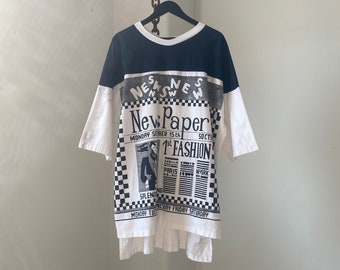 Hot Stuff Newspaper Printed Black and White crew Neck T-Shirt / size “One Size”