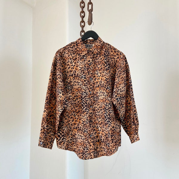 Vintage Cheetah Leopard Print Firenze 100% Silk Button-Up Shirt Size Small