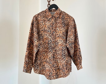 Vintage Gepard Leopard Print Firenze 100% Seide Button-Up Shirt Größe S